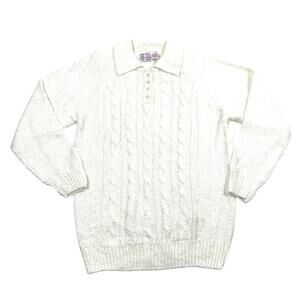 Miranda Sweater Womens Large White Shoulder Pads Cable Knit Collar Acrylic